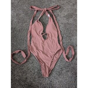 Mauve Pink Deep V-Neck Halter One Piece Swimsuit Wrap Around Tie High Cut Sexy